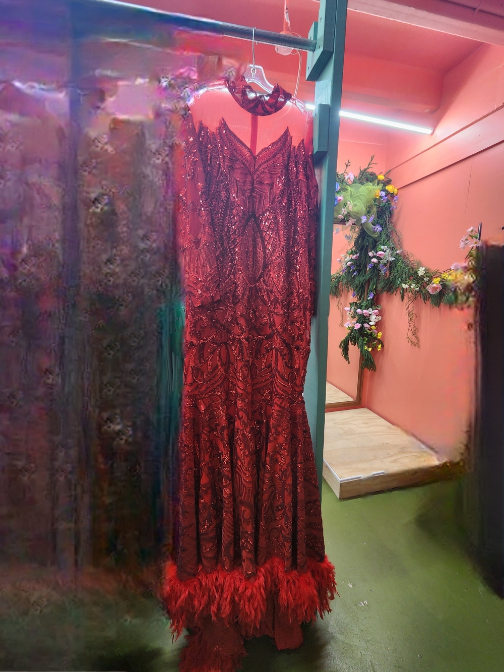 Embellished Red Feather-Hem Prom Gown